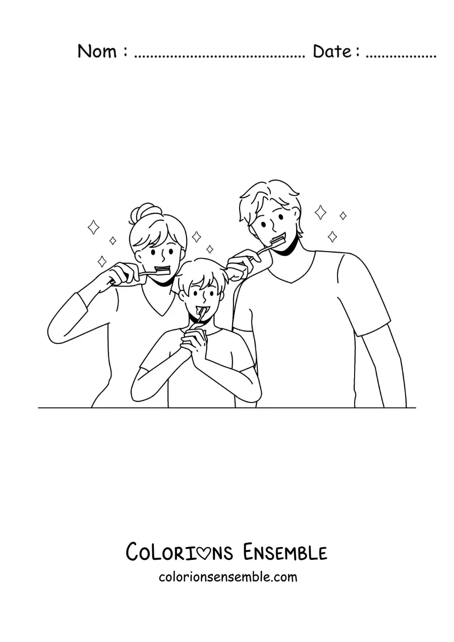 Image à colorier d'une famille animée se brossant les dents