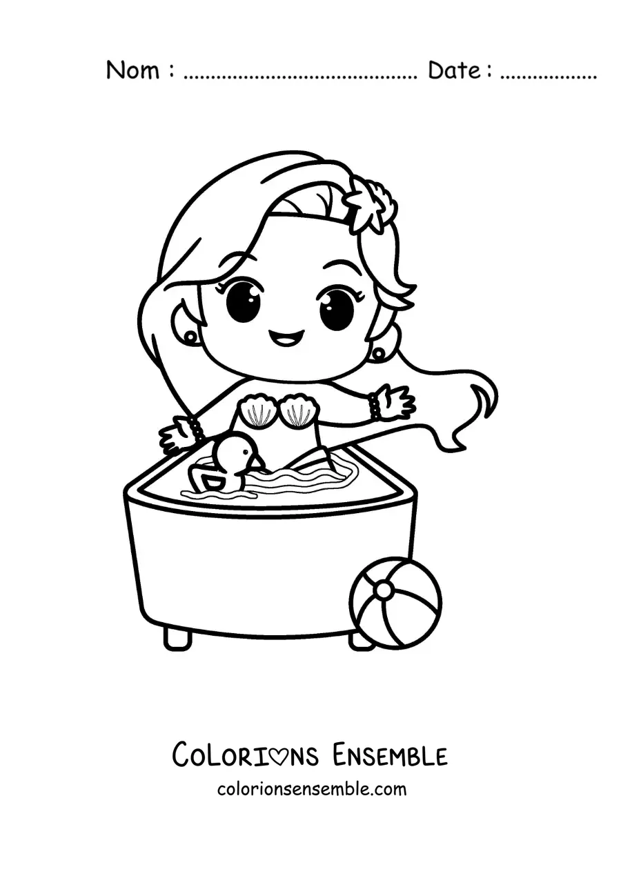 Image à colorier d'une sirène kawaii prenant un bain