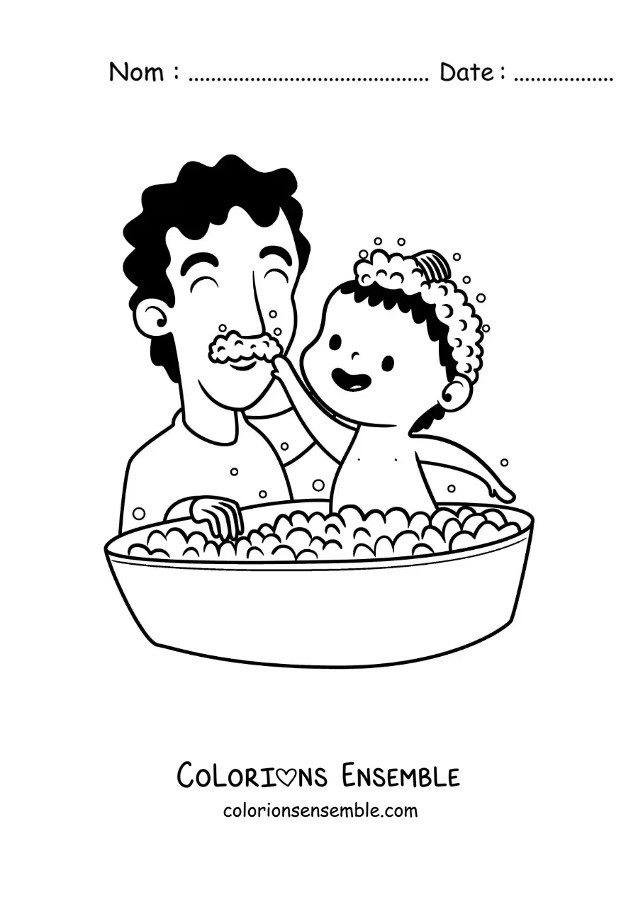 Image à colorier d'un père donnant le bain à son enfant