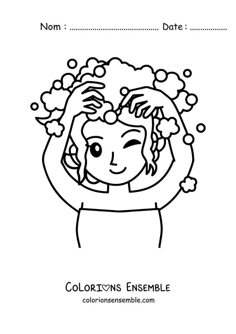Dessin à colorier d’une fille kawaii qui se lave les cheveux avec du shampoing