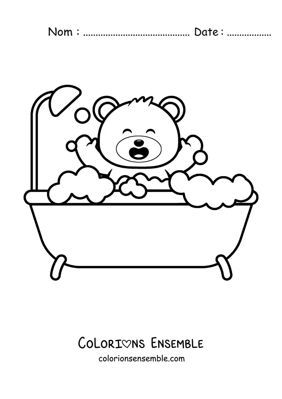 Dessin à colorier d’un petit ours kawaii qui prend un bain