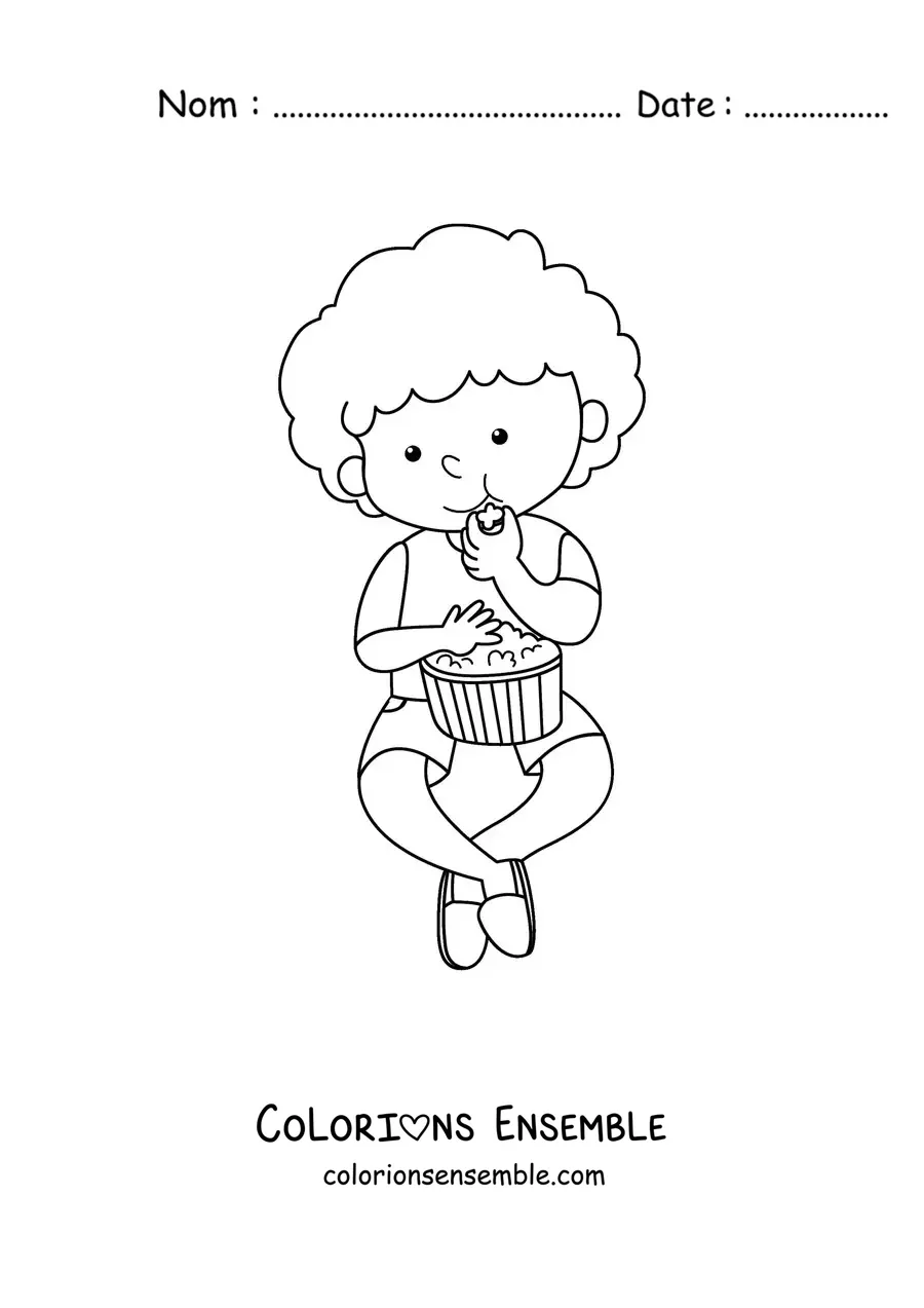 Image à colorier d'un garçon assis qui mange du pop-corn