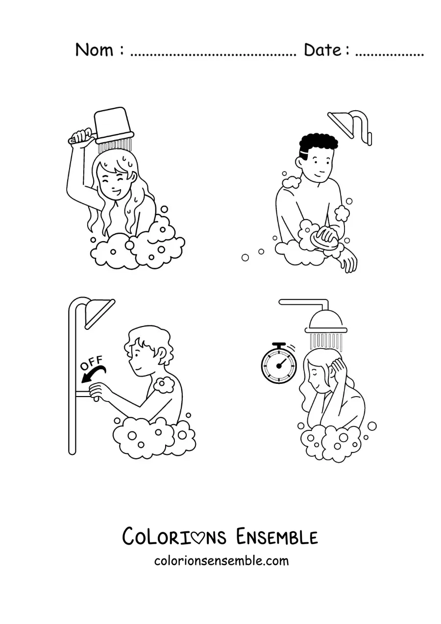 Dessin à colorier de personnes qui prennent une douche