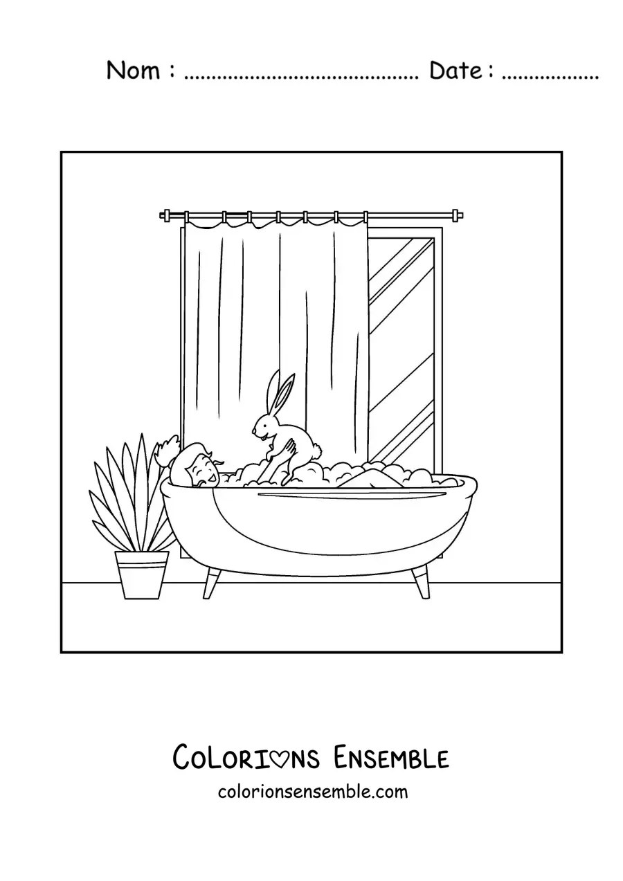 Dessin à colorier d’une fille qui prend un bain avec son lapin de compagnie