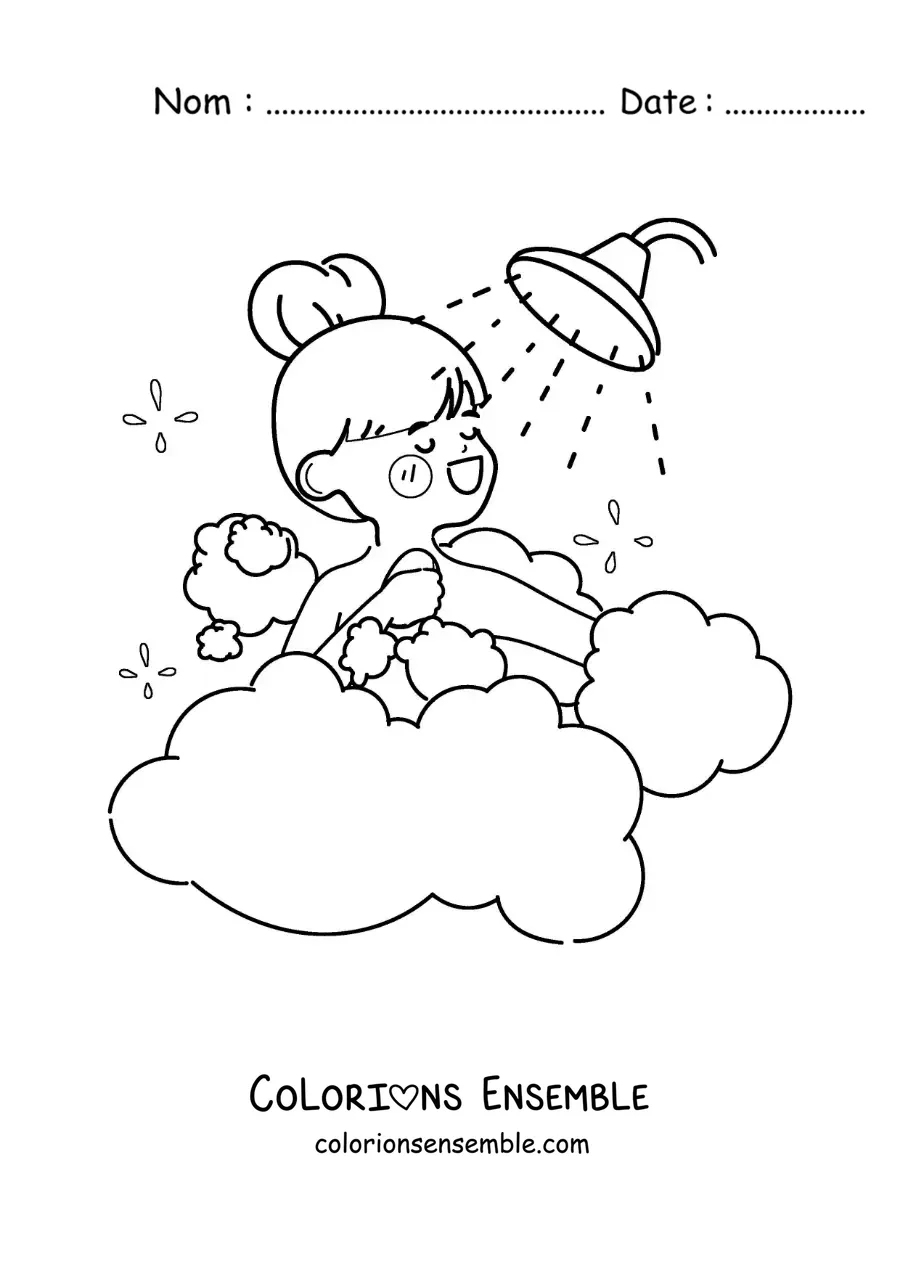 Dessin à colorier d’une fille kawaii qui se lave sous la douche