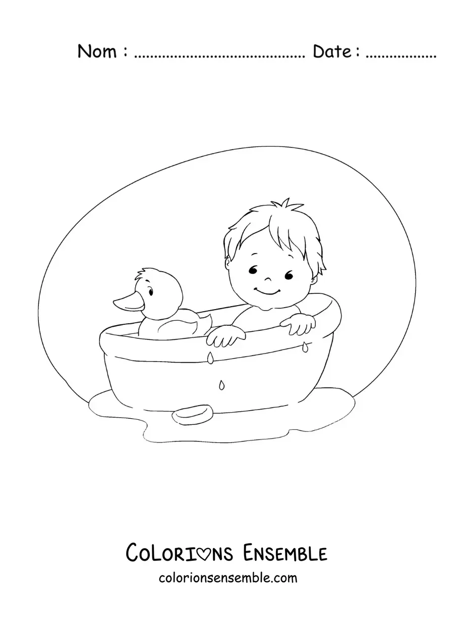 Dessin à colorier d’un bébé dans la baignoire avec un canard en caoutchouc