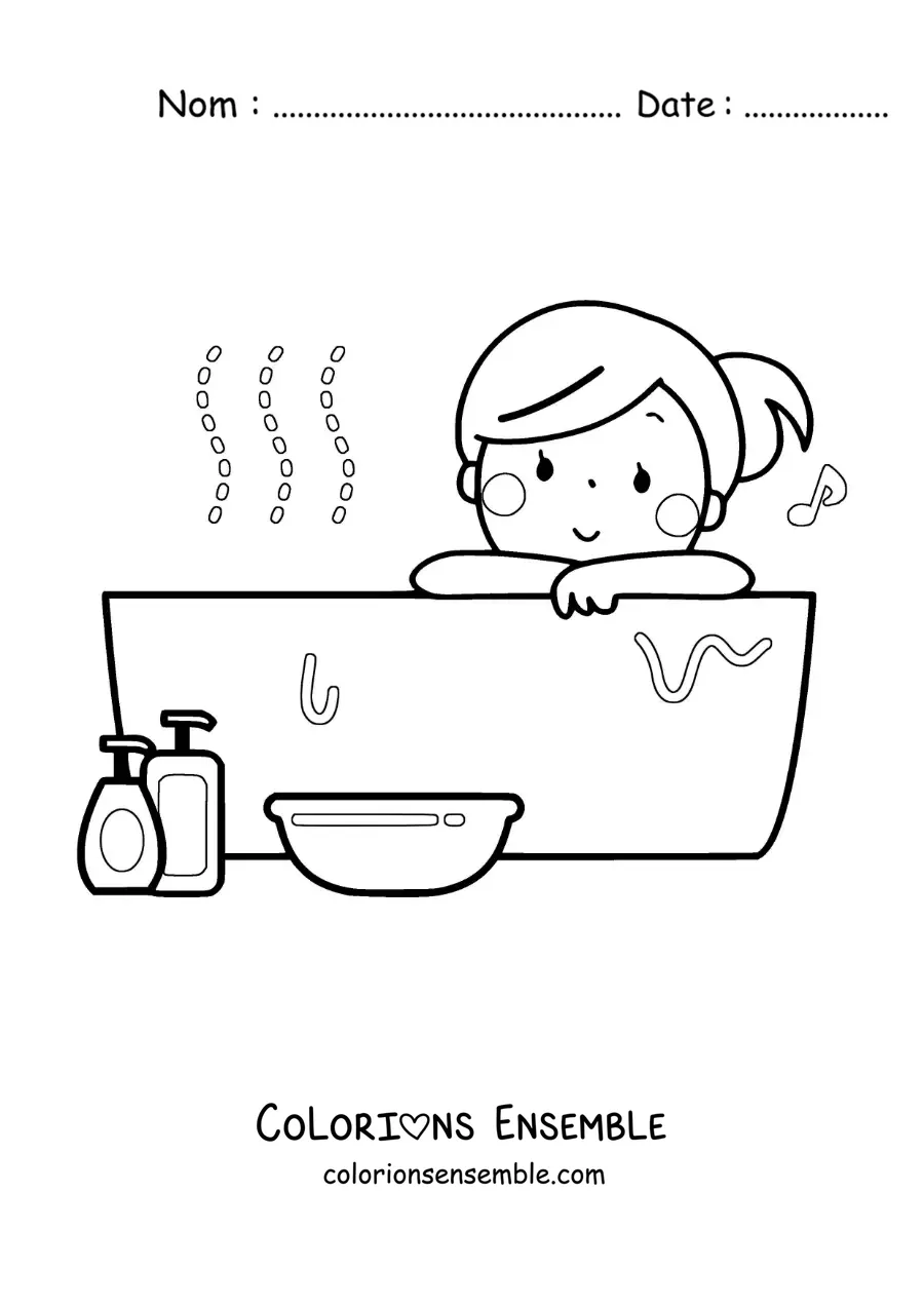 Dessin à colorier d’une fille kawaii dans la baignoire en écoutant de la musique