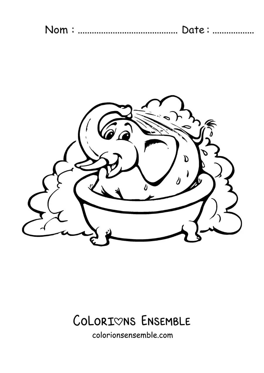 Dessin à colorier d’un éléphant rigolo qui prend un bain dans la baignoire