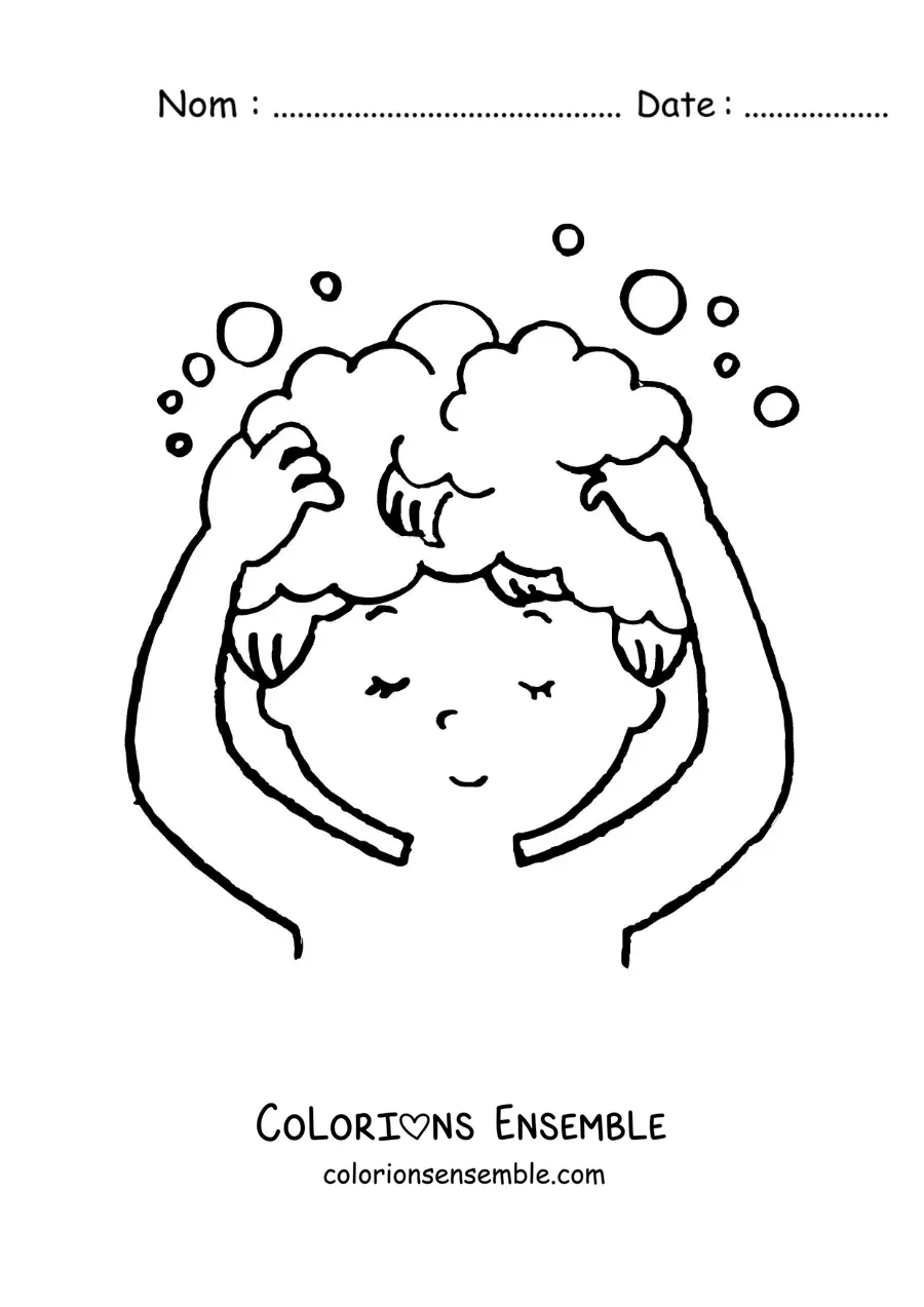 Dessin à colorier d’une petite fille qui se lave les cheveux avec du shampoing
