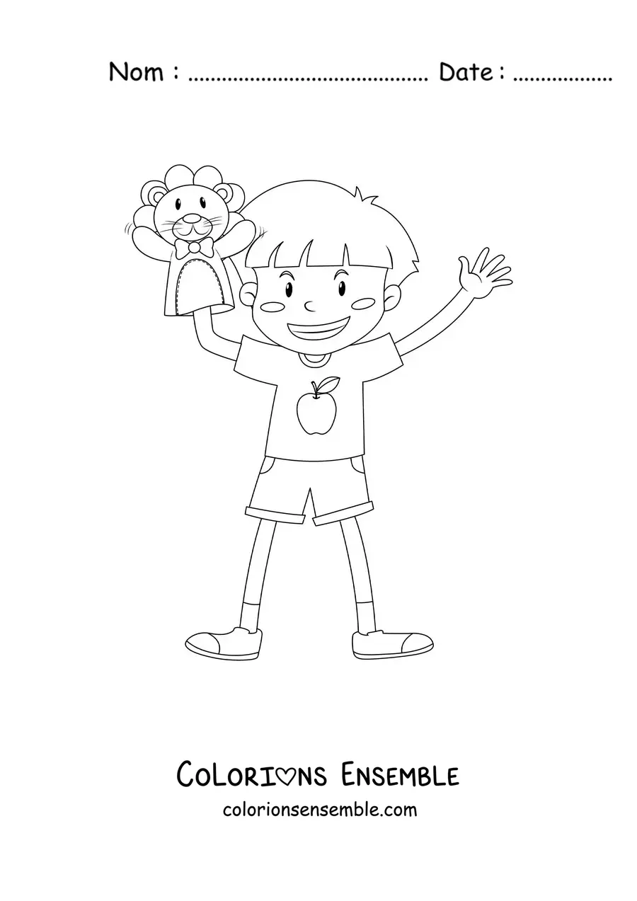 Image à colorier d'un garçon qui joue avec une marionnette