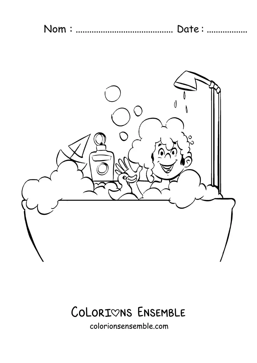 Dessin à colorier d’un petit garçon qui joue dans la baignoire