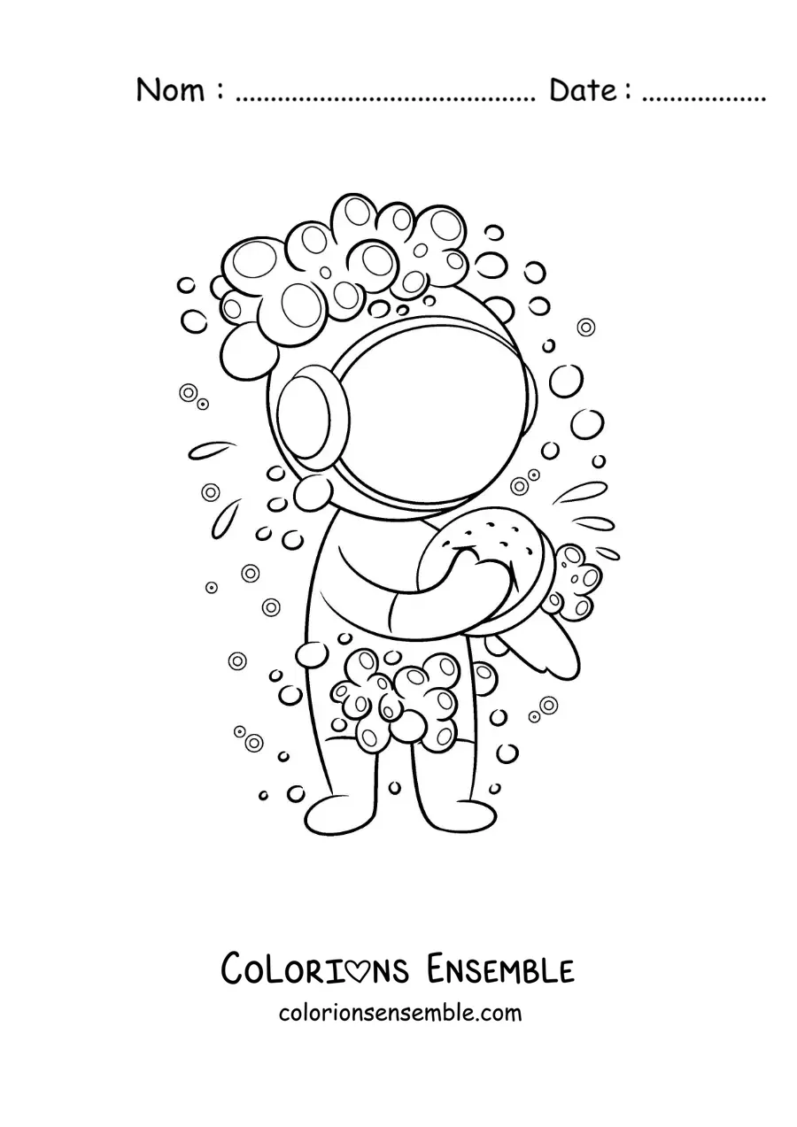 Dessin à colorier d’un astronaute rigolo qui prend une douche