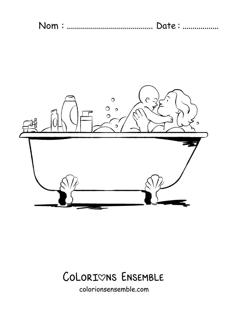 Dessin à colorier d’une maman dans la baignoire avec son bébé