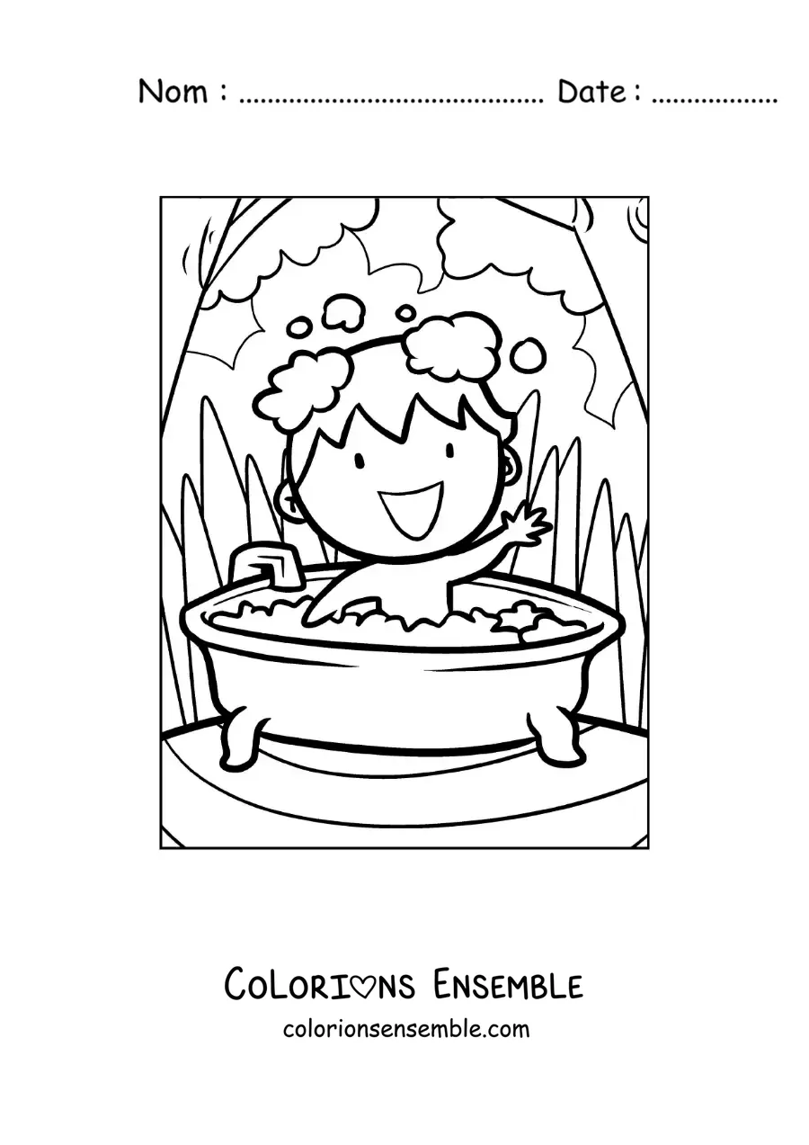 Dessin à colorier d’un petit garçon qui prend un bain dans une baignoire