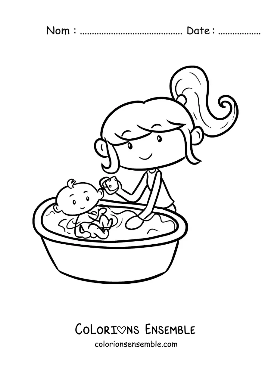 Dessin à colorier d’une petite fille qui donne le bain à sa petite sœur bébé
