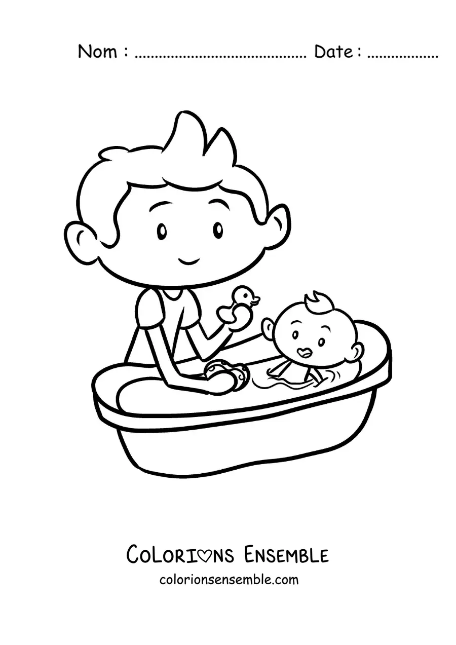 Dessin à colorier d’un petit garçon qui donne le bain à son petit frère bébé