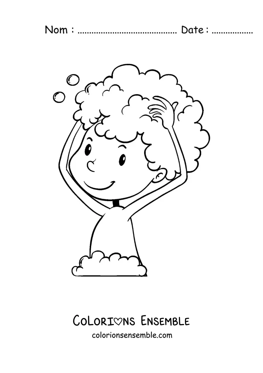 Dessin à colorier d’un petit garçon qui se lave les cheveux avec du shampoing