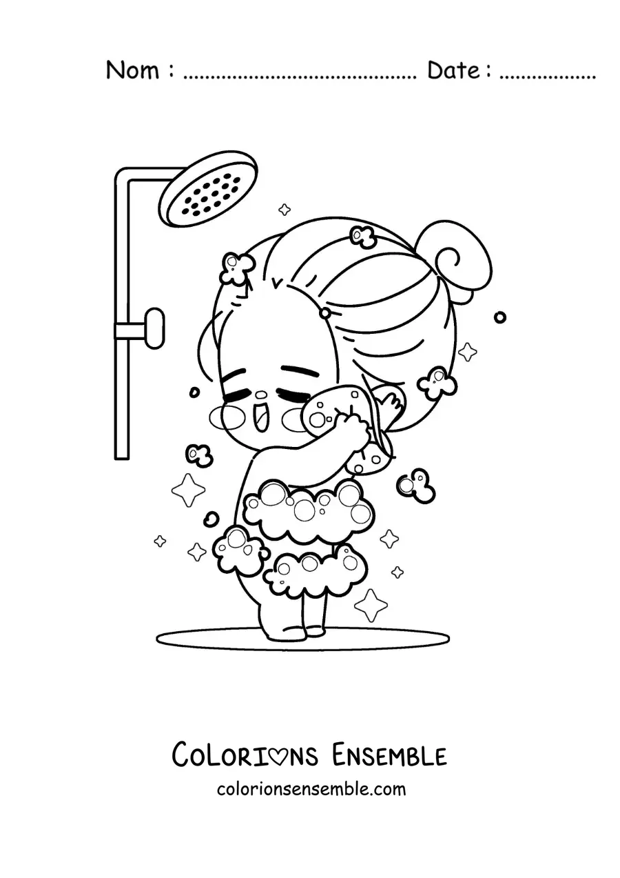 Dessin à colorier d’une fille kawaii qui chante sous la douche