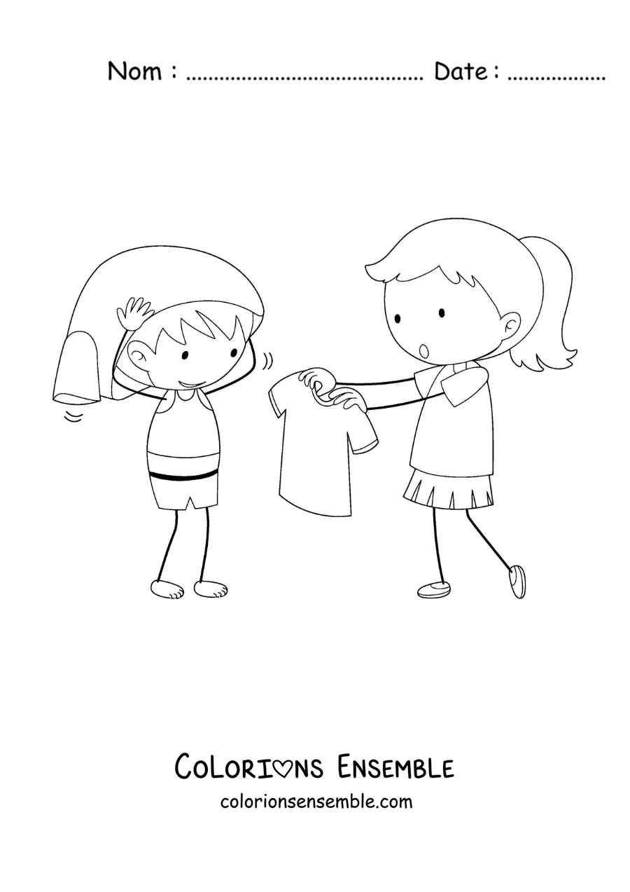 Dessin à colorier d’une fille qui aide son petit frère à s’habiller
