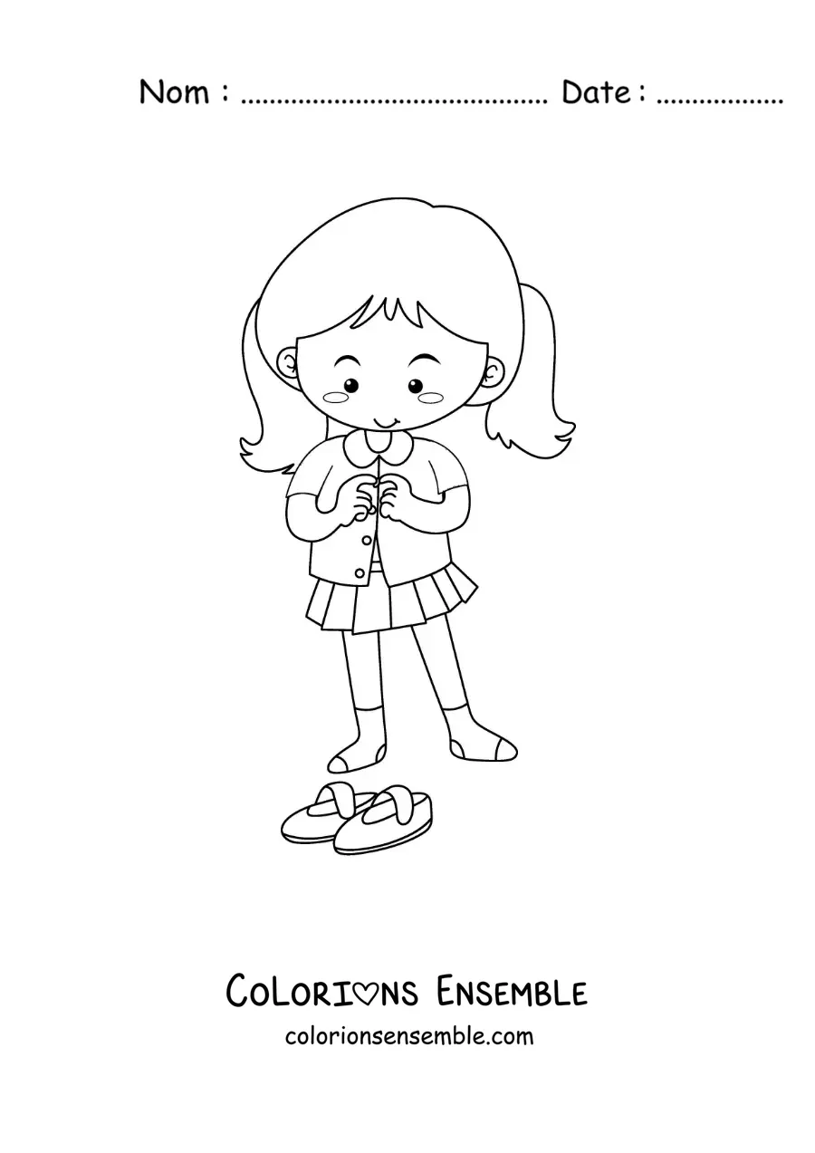 Dessin à colorier d’une petite fille qui met son uniforme pour aller à l’école