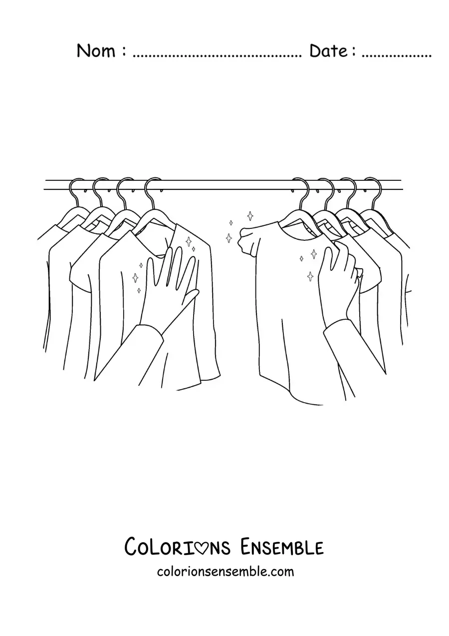 Dessin à colorier d’une personne qui choisit un t-shirt dans son placard