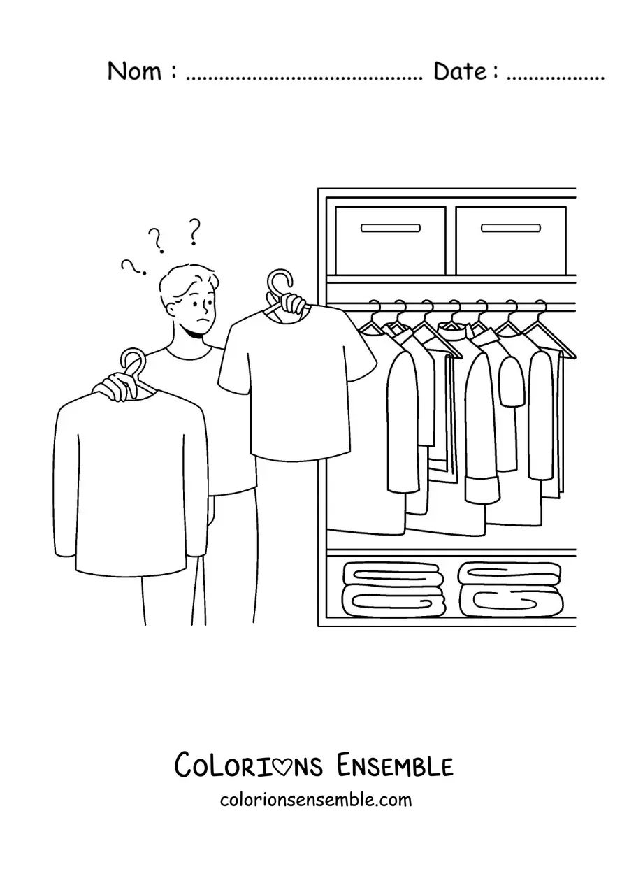 Dessin à colorier d’un homme qui choisit une chemise dans sa garde-robe