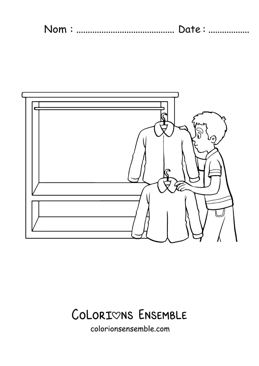 Dessin à colorier d’un petit garçon qui sort des chemises de son placard