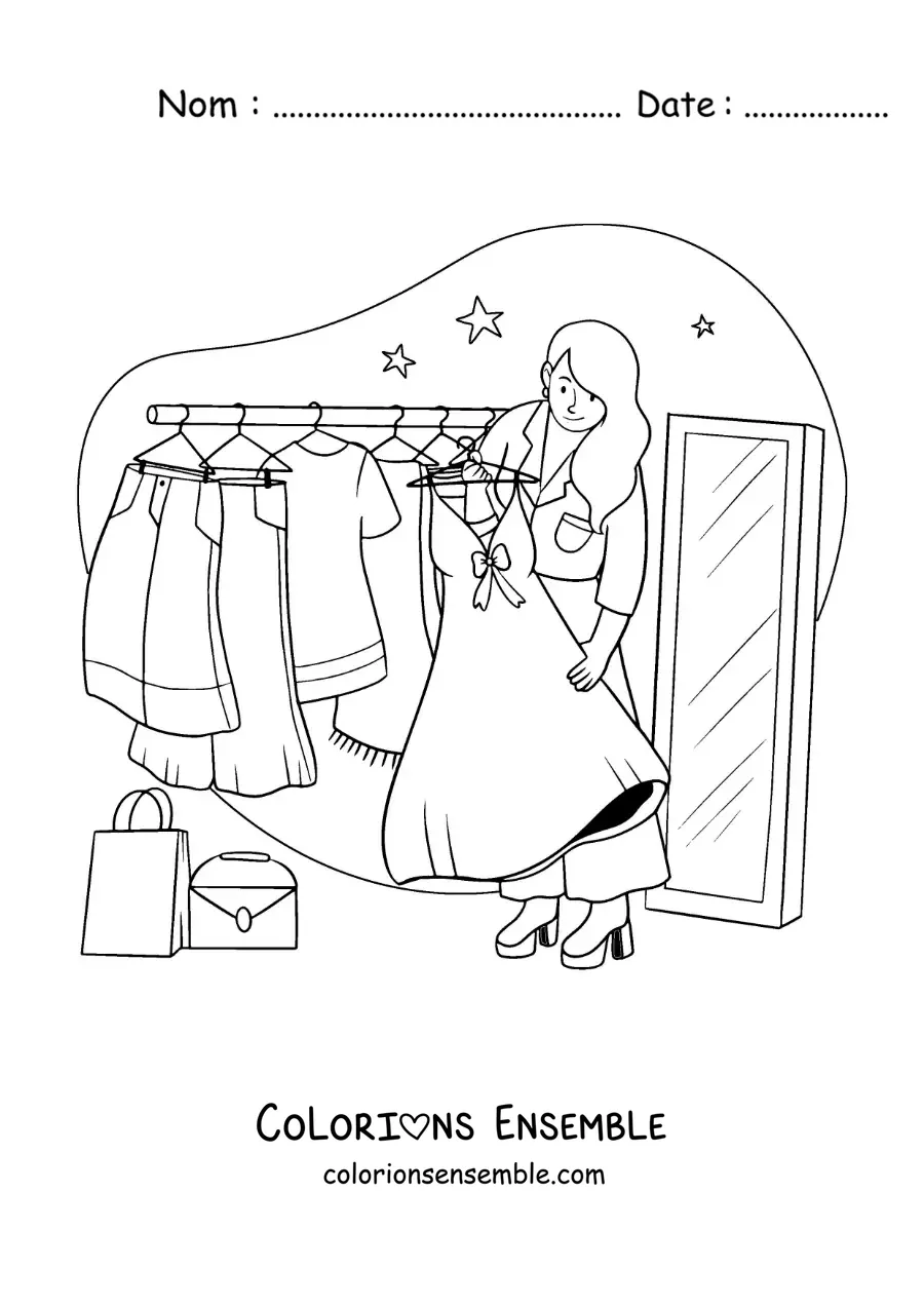 Dessin à colorier d’une fille qui choisit une robe et un sac dans son placard