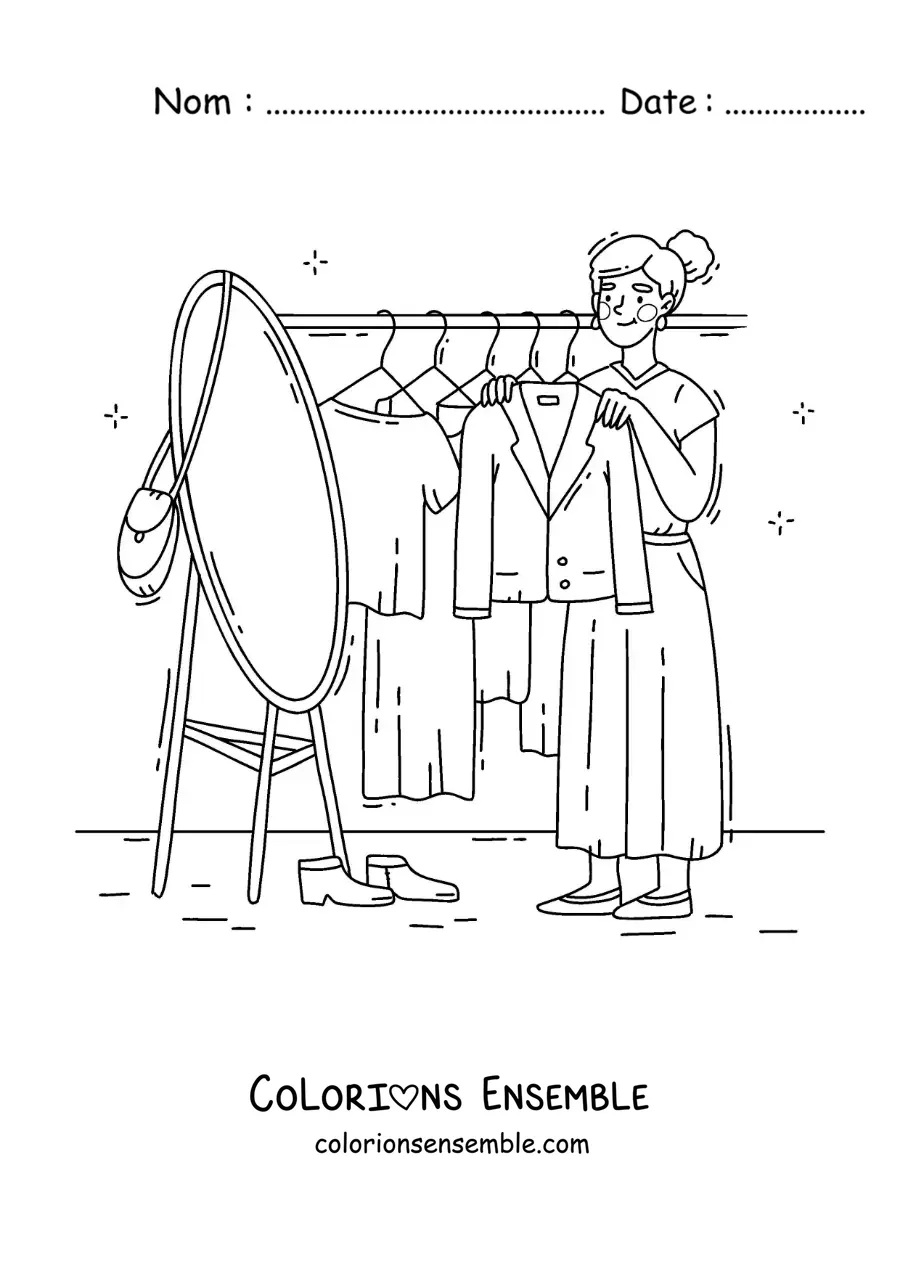 Dessin à colorier d’une fille qui essaie un manteau devant le miroir