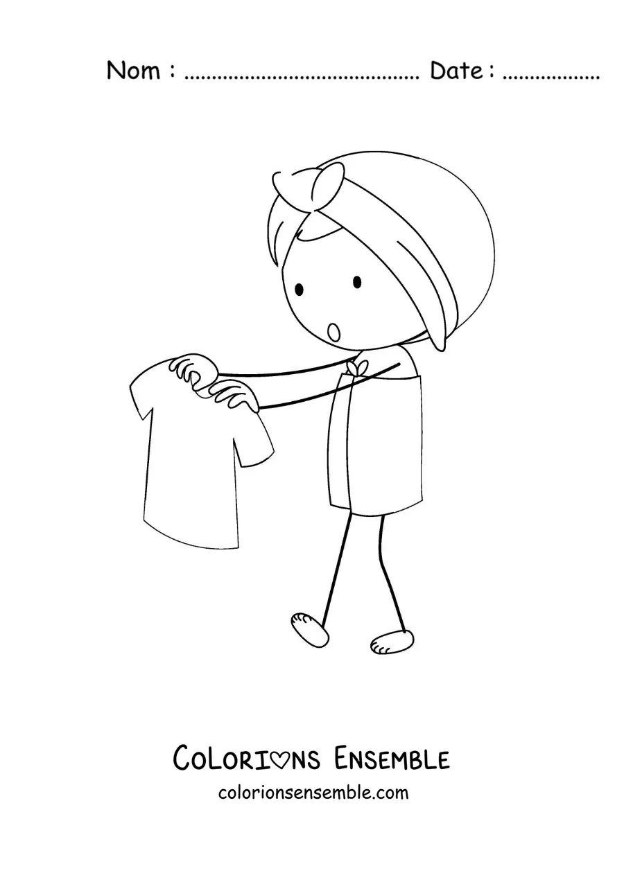 Dessin à colorier d’une petite fille enveloppée dans des serviettes qui tient une chemise sur un cintre