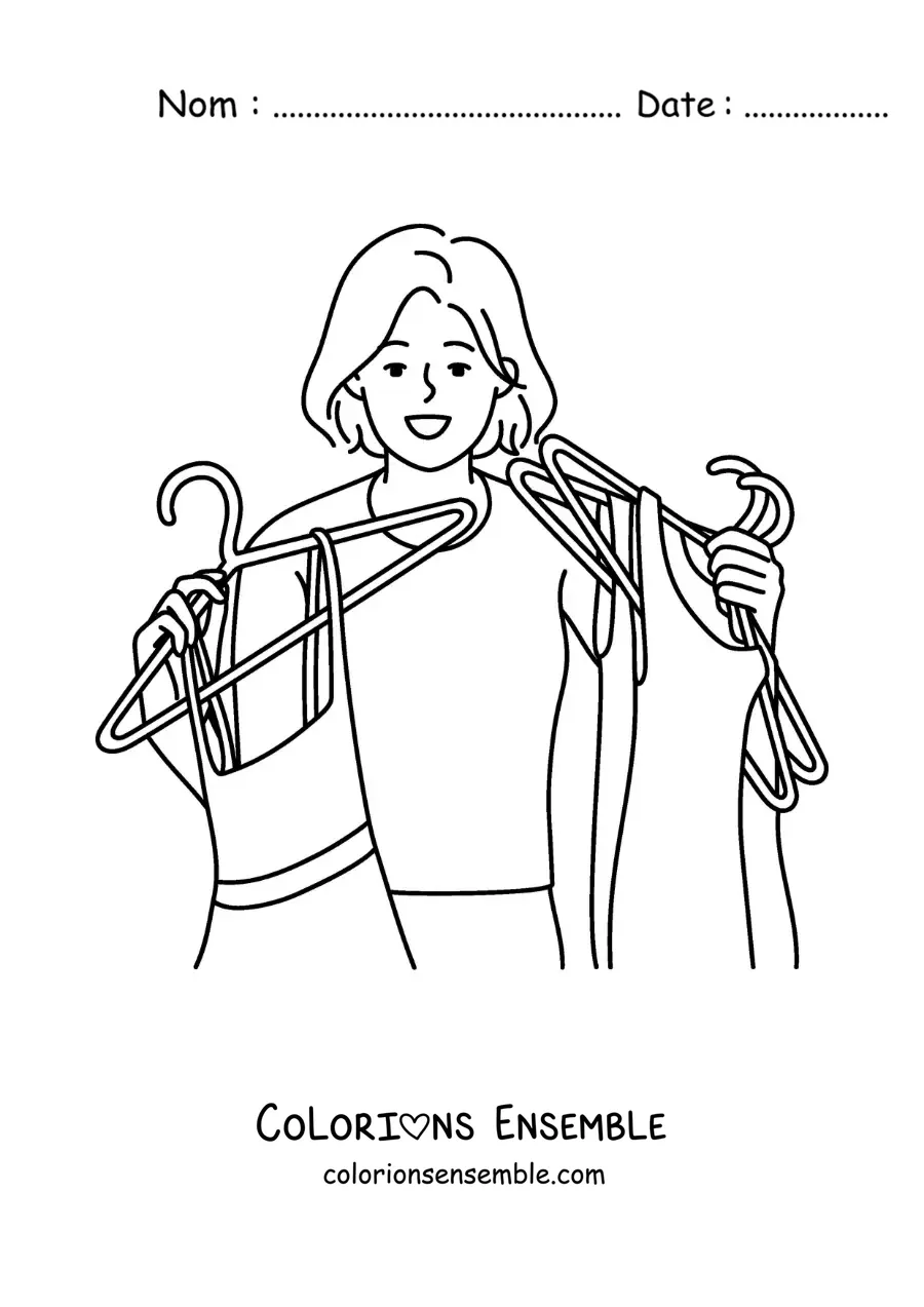 Dessin à colorier d’une femme qui tient plusieurs cintres avec des robes de son placard