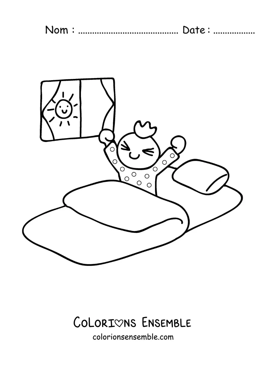 Dessin à colorier d’un petit garçon qui se réveille dans sa chambre le matin