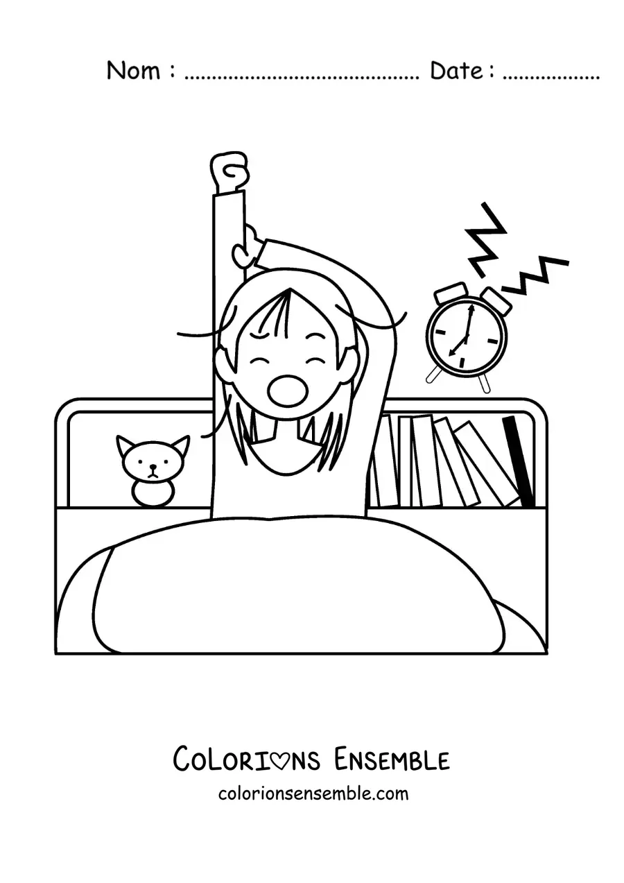 Dessin à colorier d’une petite fille qui se réveille dans sa chambre avec un réveil