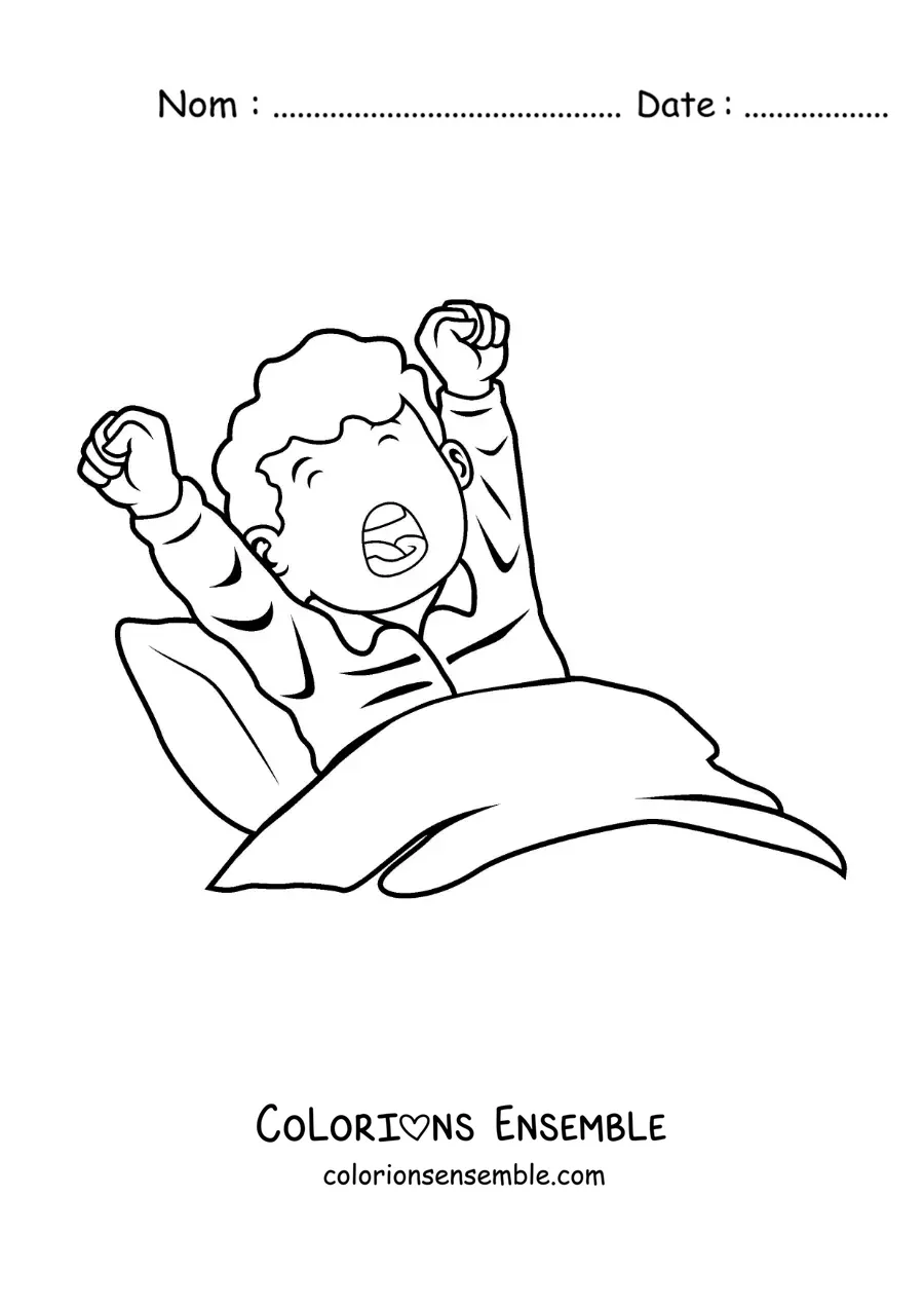 Dessin à colorier d’un petit garçon qui bâille dans son lit à son réveil