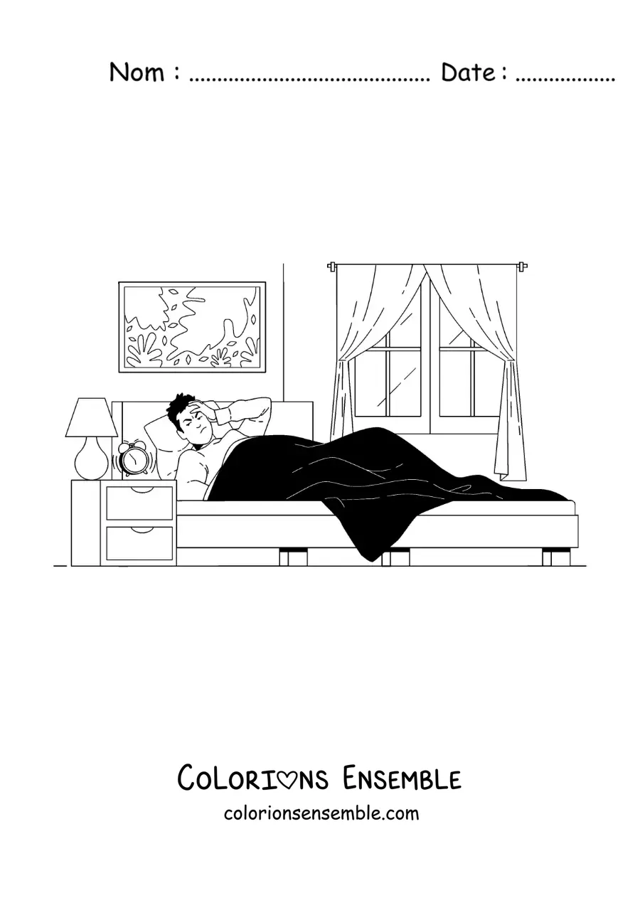 Dessin à colorier d’un garçon qui se réveille dans sa chambre avec un réveil