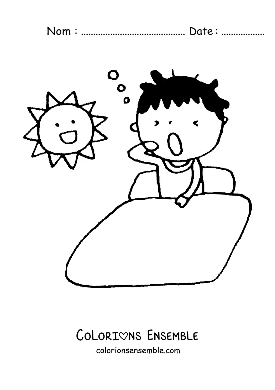 Dessin à colorier d’un petit garçon qui bâille le matin