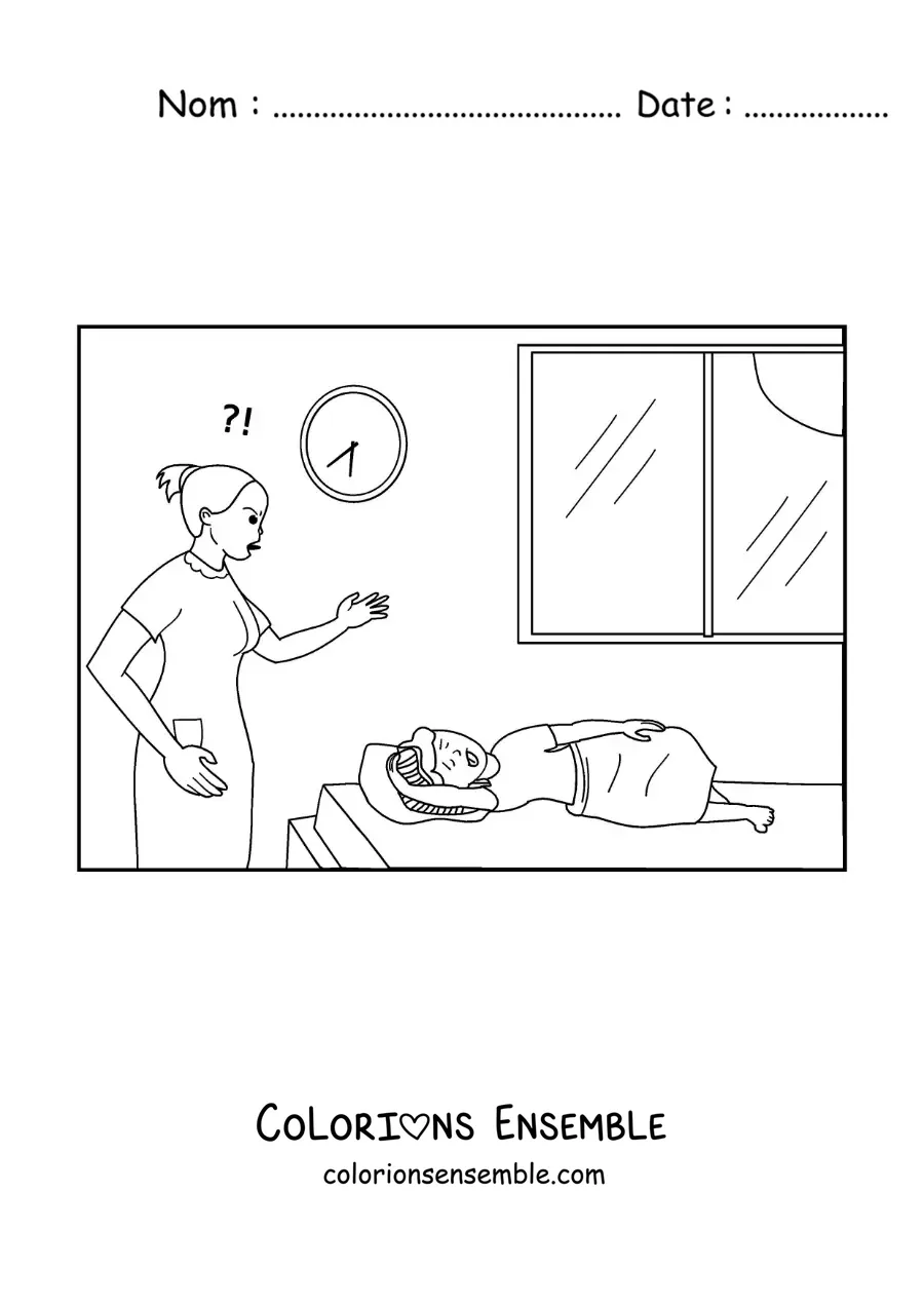Dessin à colorier d’une maman fâchée qui réveille son fils tôt