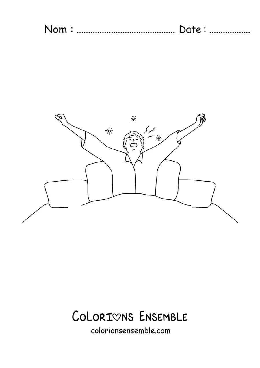 Dessin à colorier d’un garçon qui s’étire dans son lit à son réveil