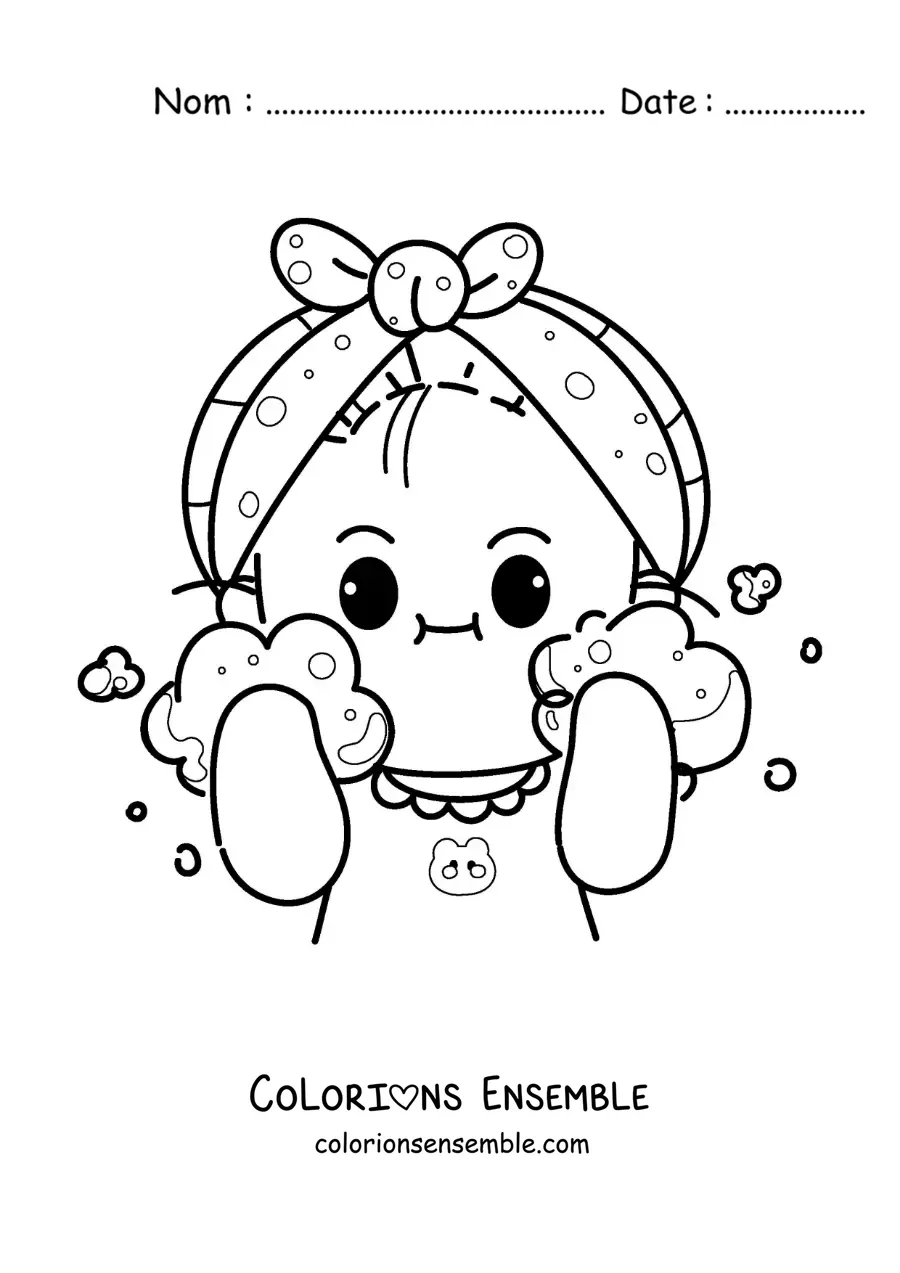 Dessin à colorier d’une petite fille kawaii qui se lave le visage au lever, le matin