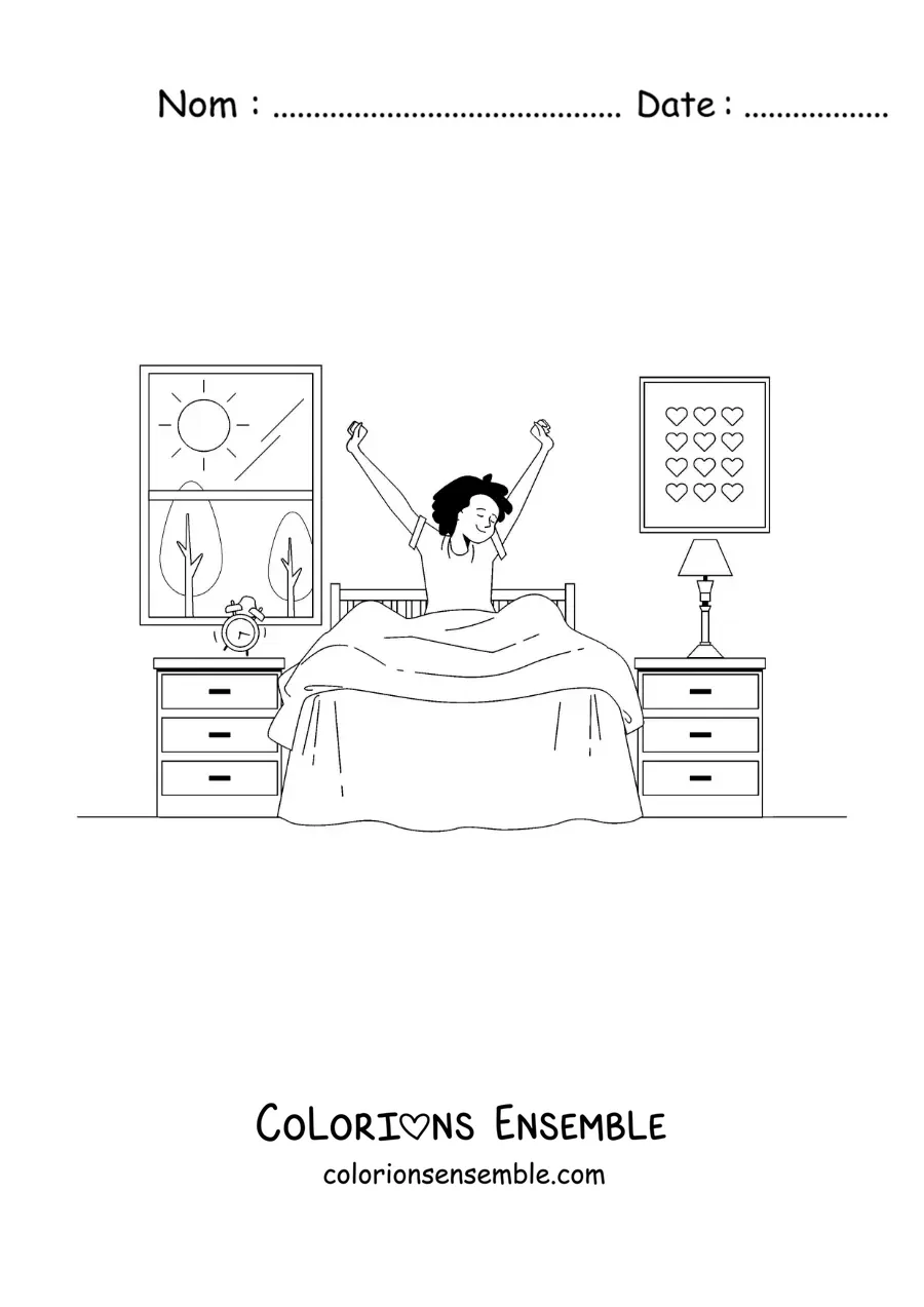 Dessin à colorier d’un petit garçon qui se réveille dans sa chambre avec un réveil