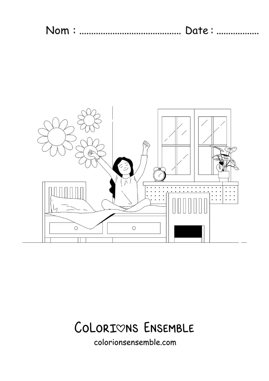Dessin à colorier d’une petite fille qui sort du lit dans sa chambre avec un réveil