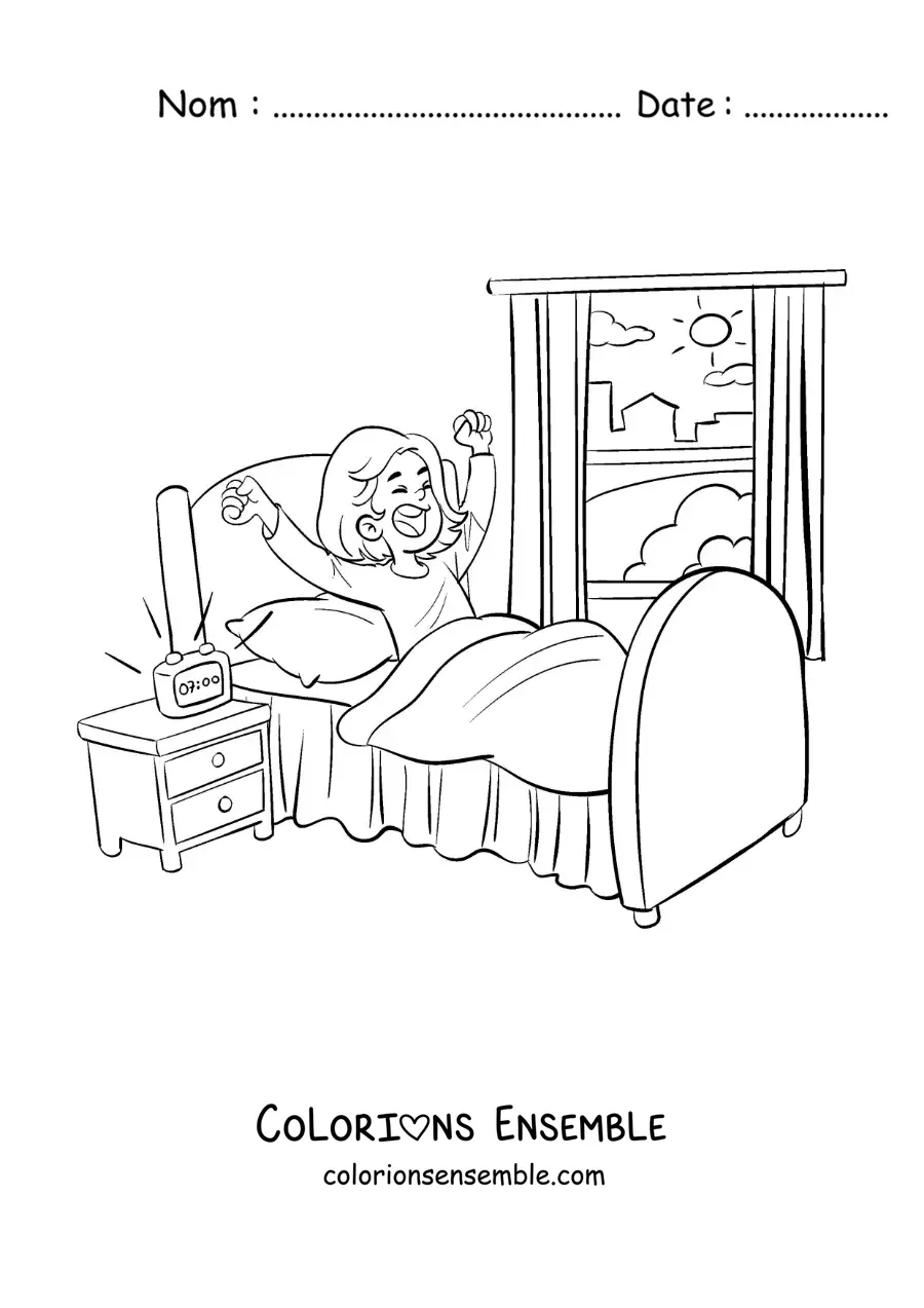 Dessin à colorier d’une petite fille rigolote qui se réveille dans sa chambre avec un réveil