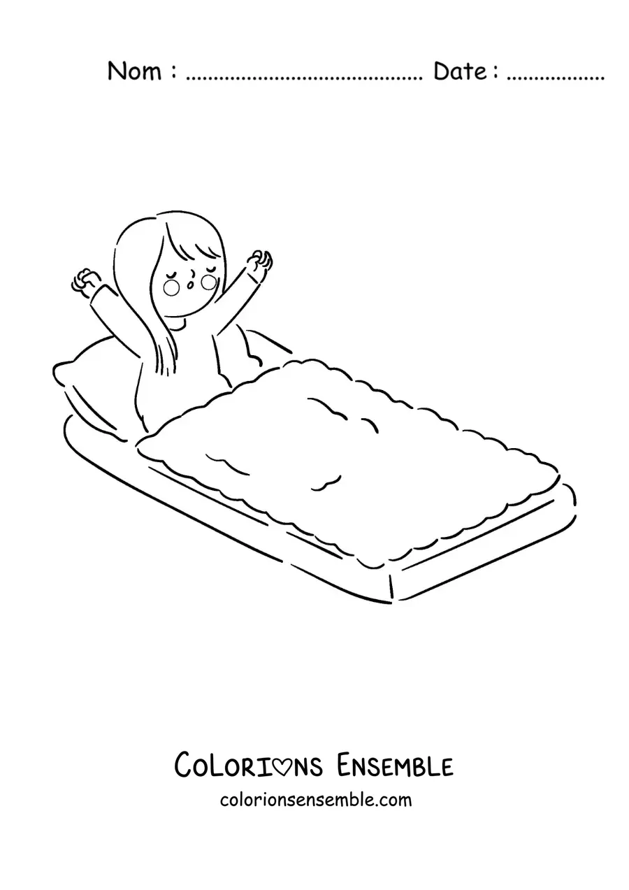 Dessin à colorier d’une petite fille kawaii qui se réveille dans son lit