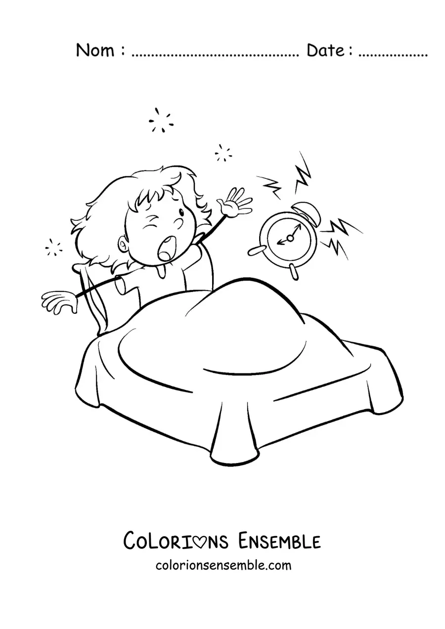 Dessin à colorier d’une petite fille rigolote qui se réveille dans son lit avec un réveil