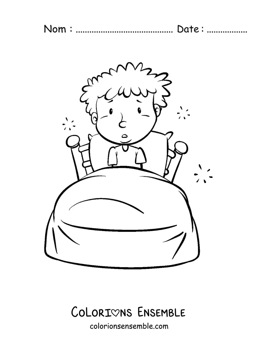 Dessin à colorier d’un petit garçon rigolo qui se réveille dans son lit