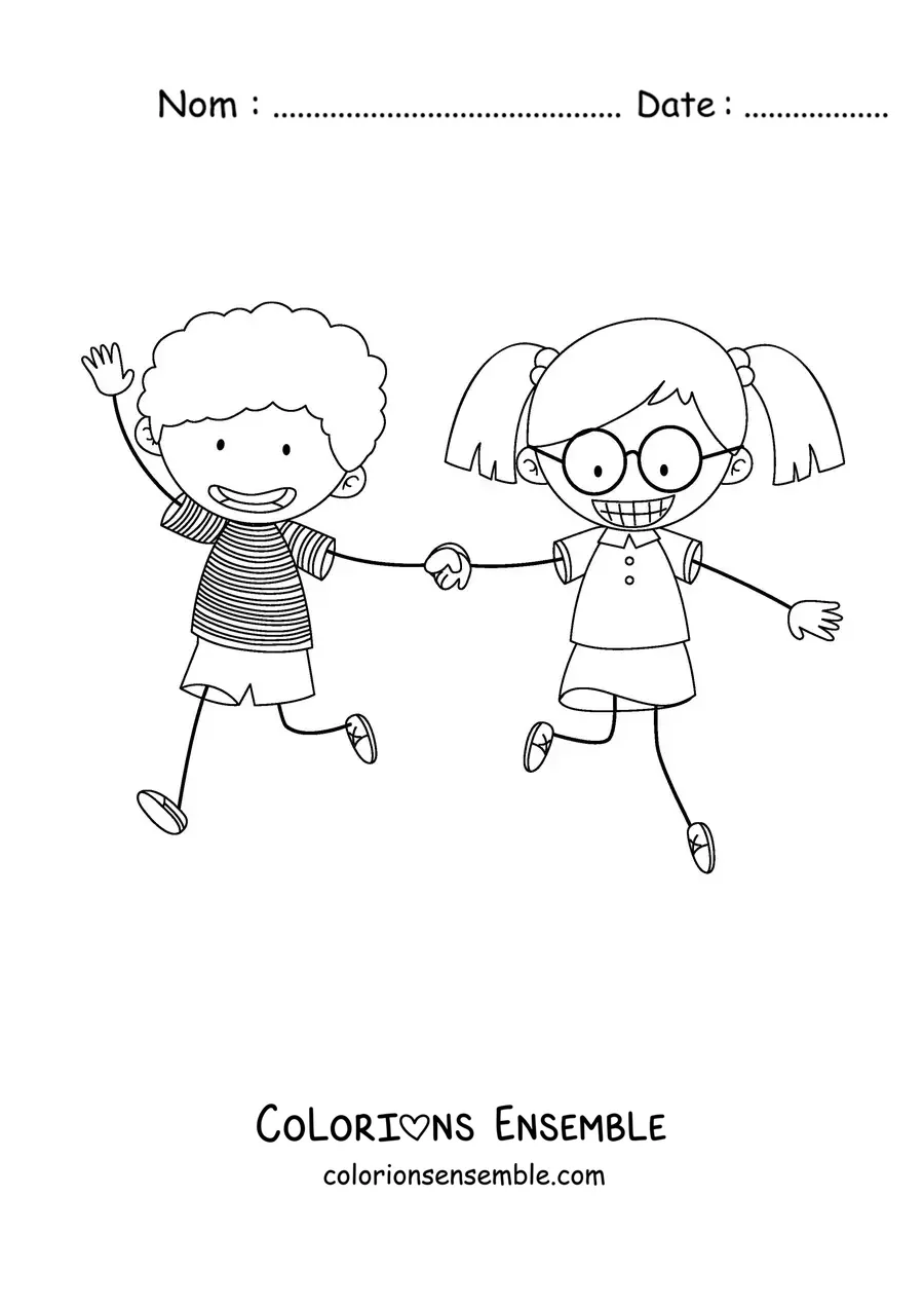 Image à colorier d'un garçon et d'une fille qui courent en se tenant par la main