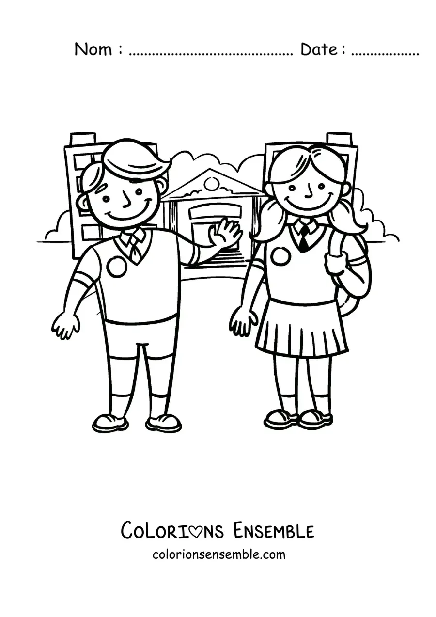 Dessin à colorier de deux enfants rigolos en uniforme devant l’école