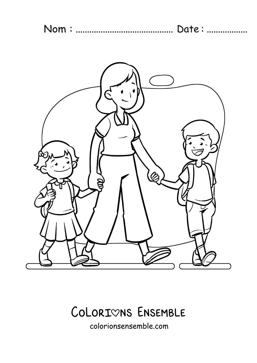 Dessin à colorier d’une maman rigolote qui emmène ses enfants à l’école