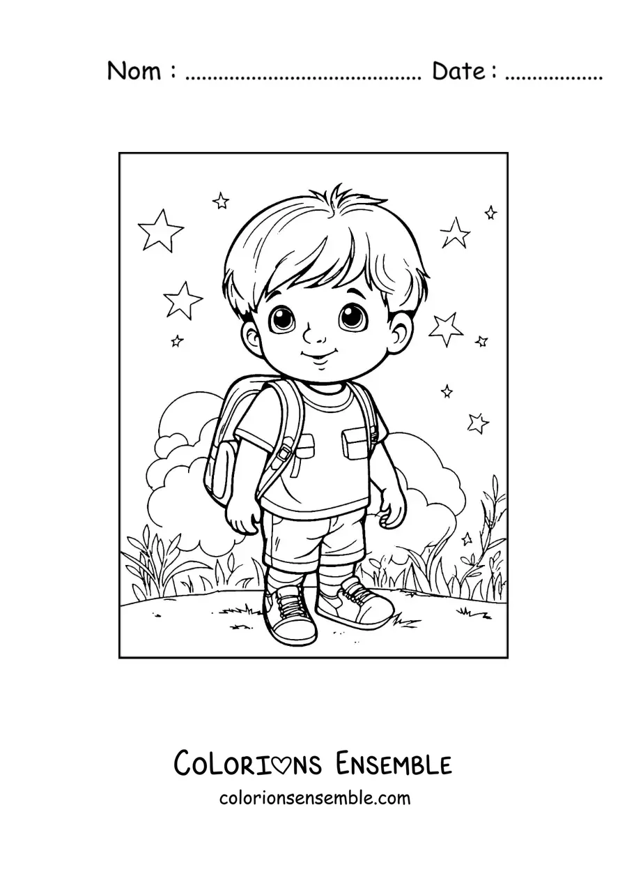 Dessin à colorier d’un petit garçon avec son sac à dos en route pour l’école