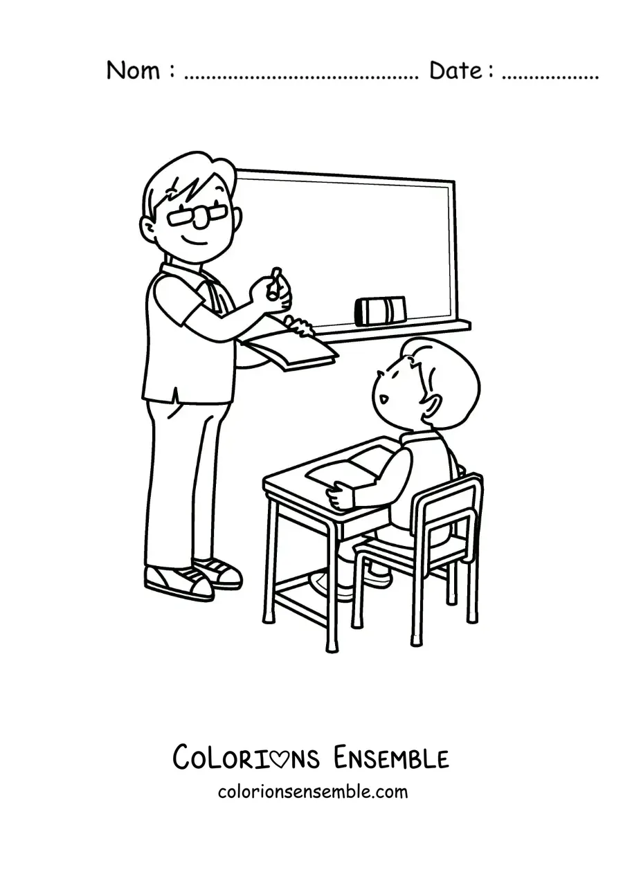 Dessin à colorier d’un petit garçon à son pupitre, avec son maître qui explique au tableau